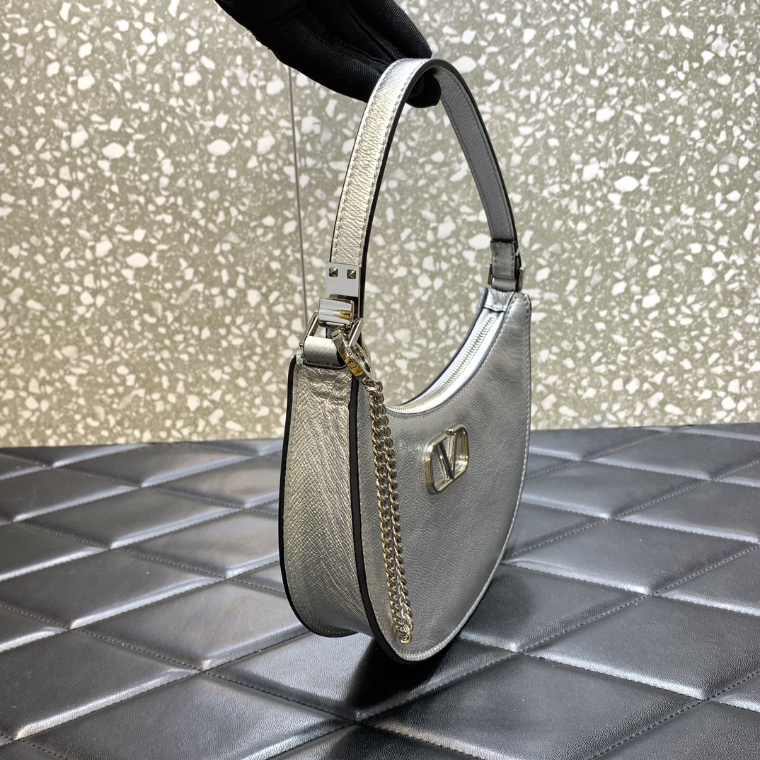 Valentino Garavani VLogo Signature Hobo Bag in Silver Grainy Calfskin Leather 